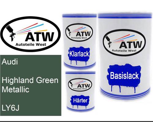 Audi, Highland Green Metallic, LY6J: 500ml Lackdose + 500ml Klarlack + 250ml Härter - Set, von ATW Autoteile West.